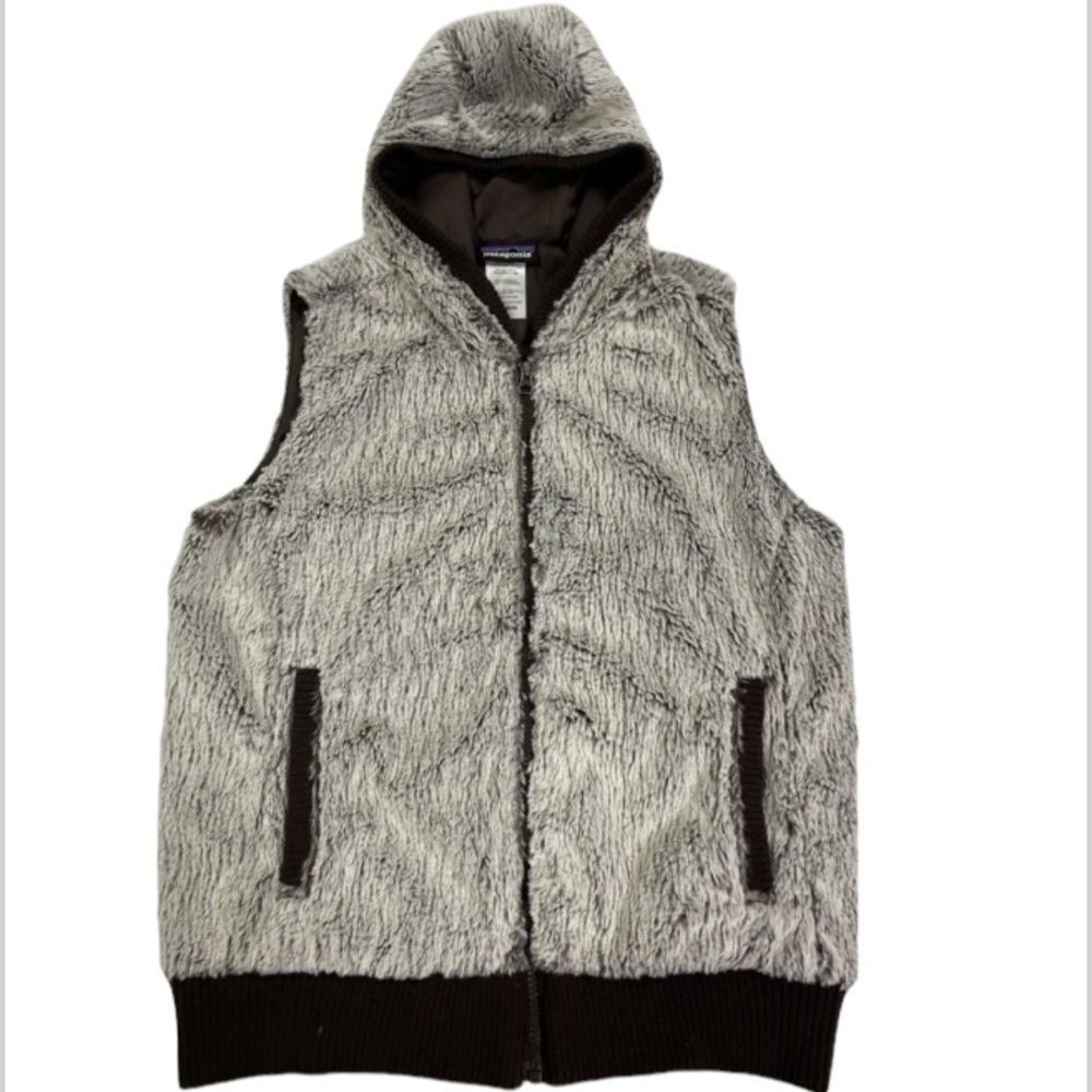 Patagonia Hooded Fleece Vest in Light Gray and Dark Brown Trim
